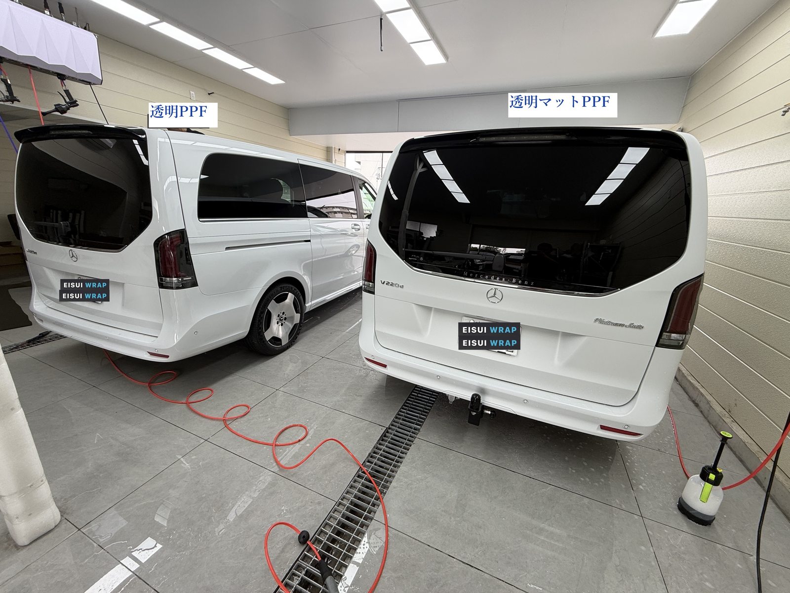 白いV220d 2台の後方斜め、透明PPFと透明マットPPFの実車比較