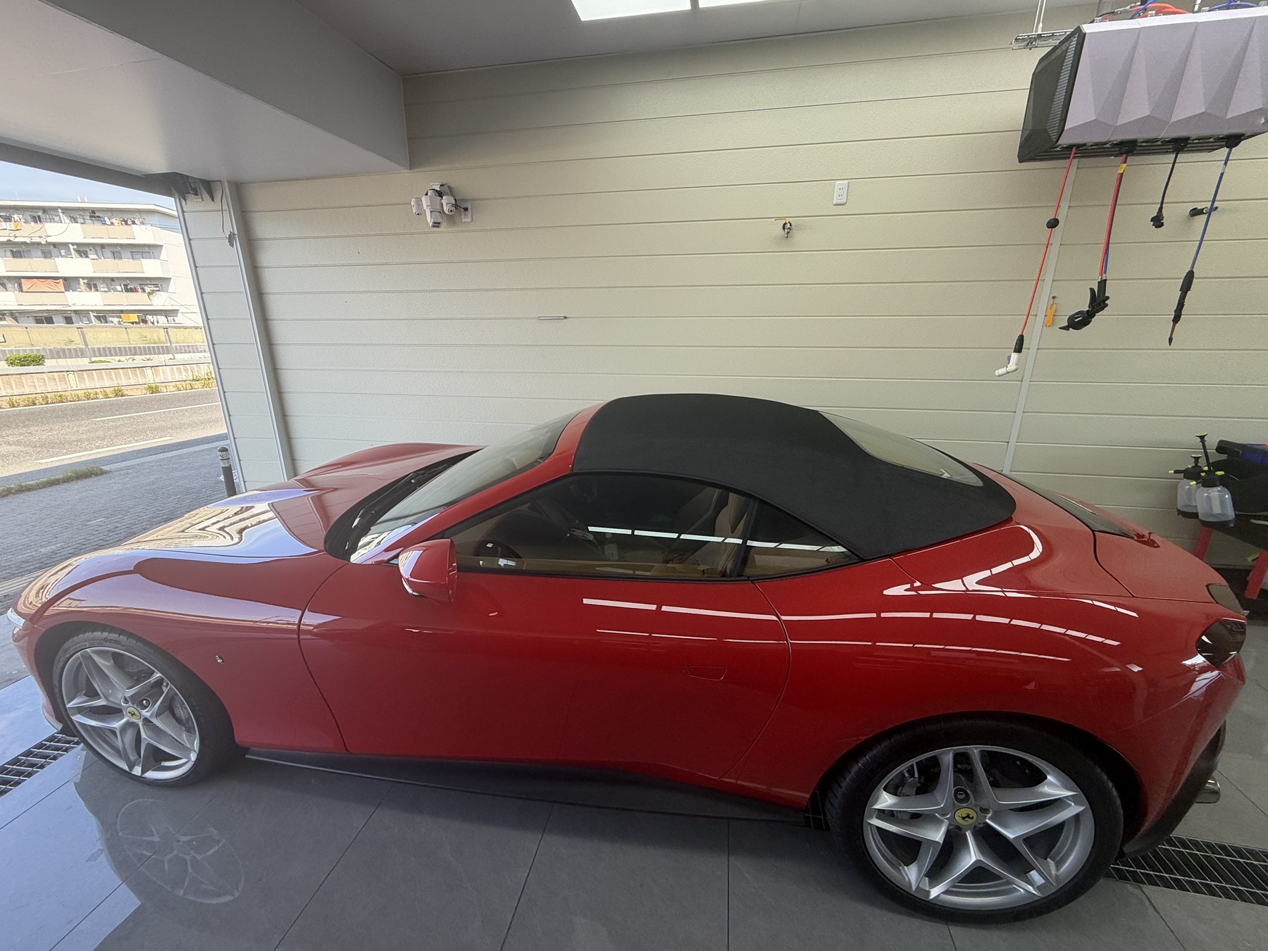 Ferrari Roma Spider side profile after clear PPF installation Osaka