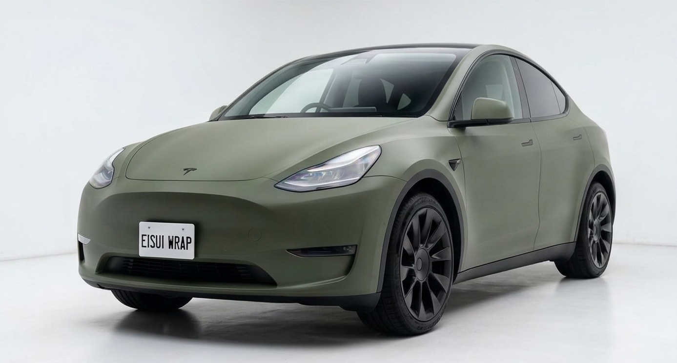 テスラ Model Y フルラッピング カスタム：マットカーキ × デクローム（大阪 EISUI WRAP）