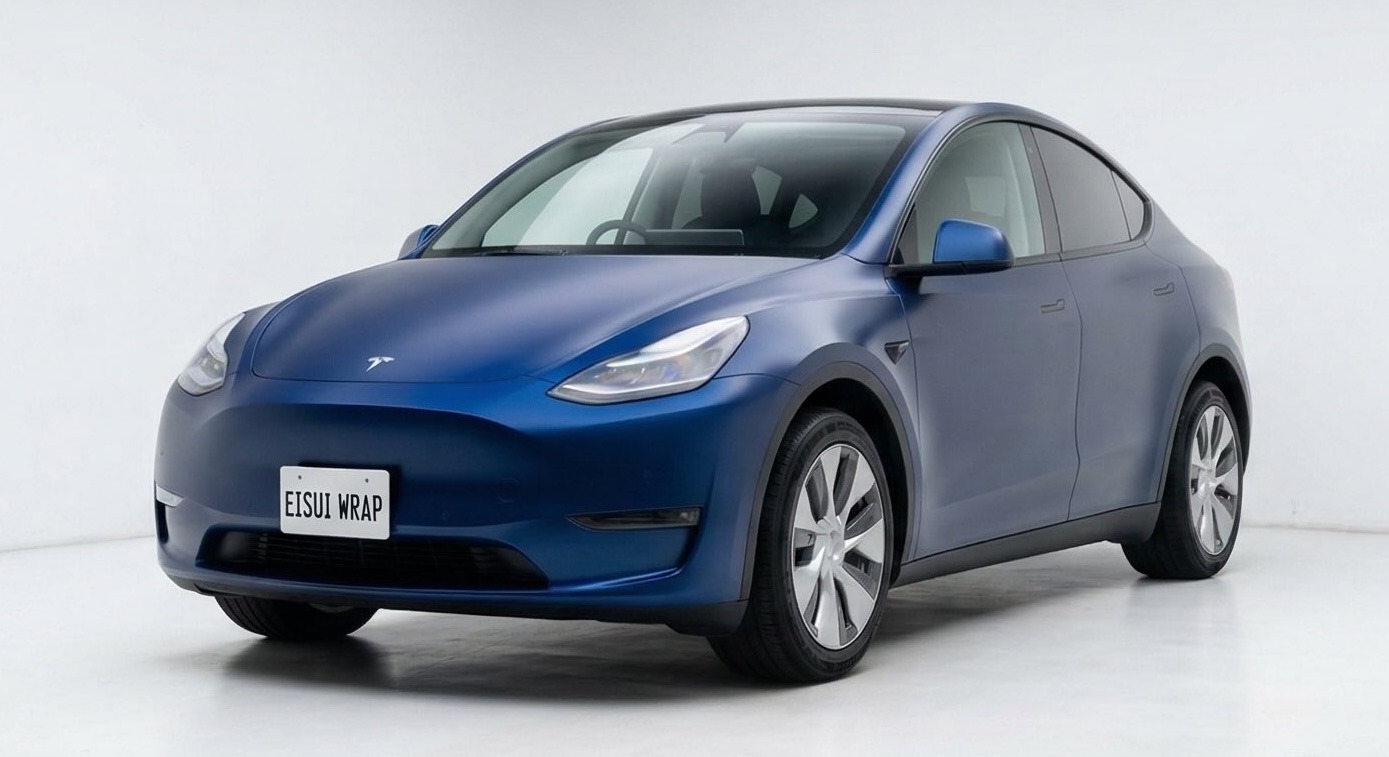 大阪でのカーラッピング施工実績：テスラ Model Y サテンブルー