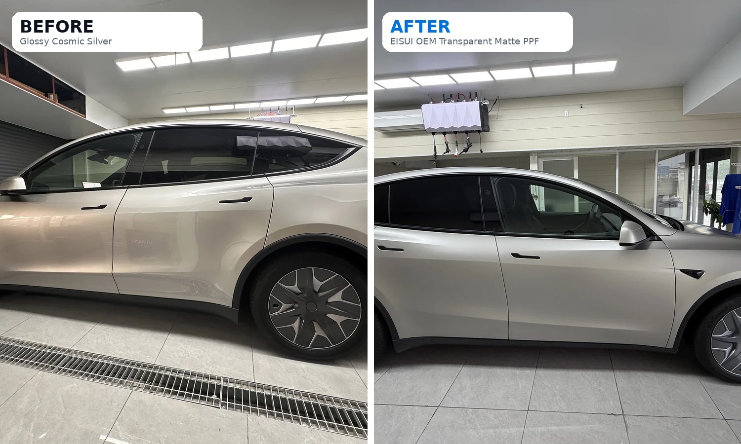 Tesla Model Y L コズミックシルバー 透明マットPPF施工前後比較