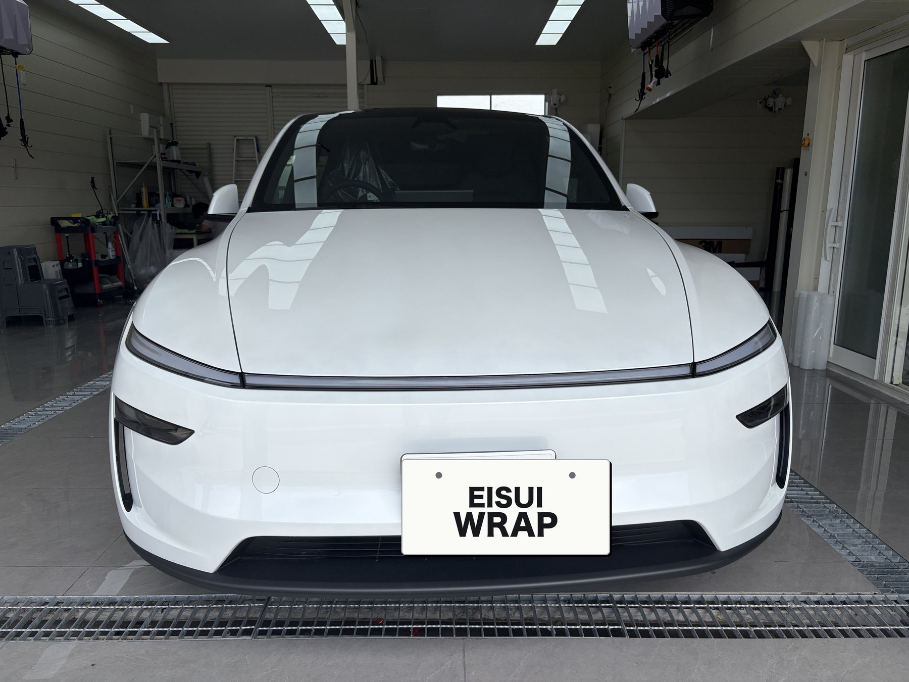 Tesla Model Y before matte clear PPF front view gloss white