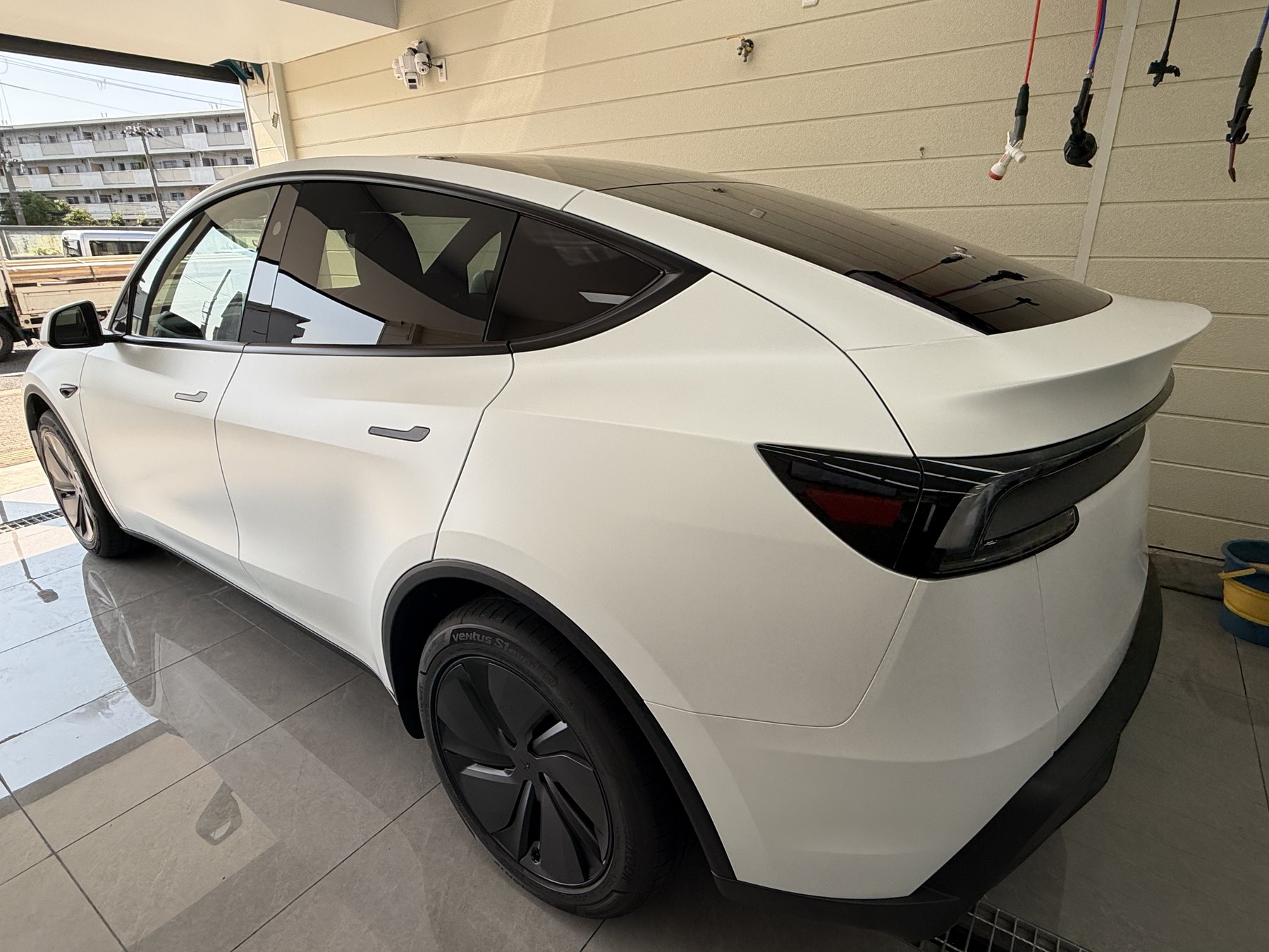 Tesla Model Y after matte clear PPF rear angle matte white