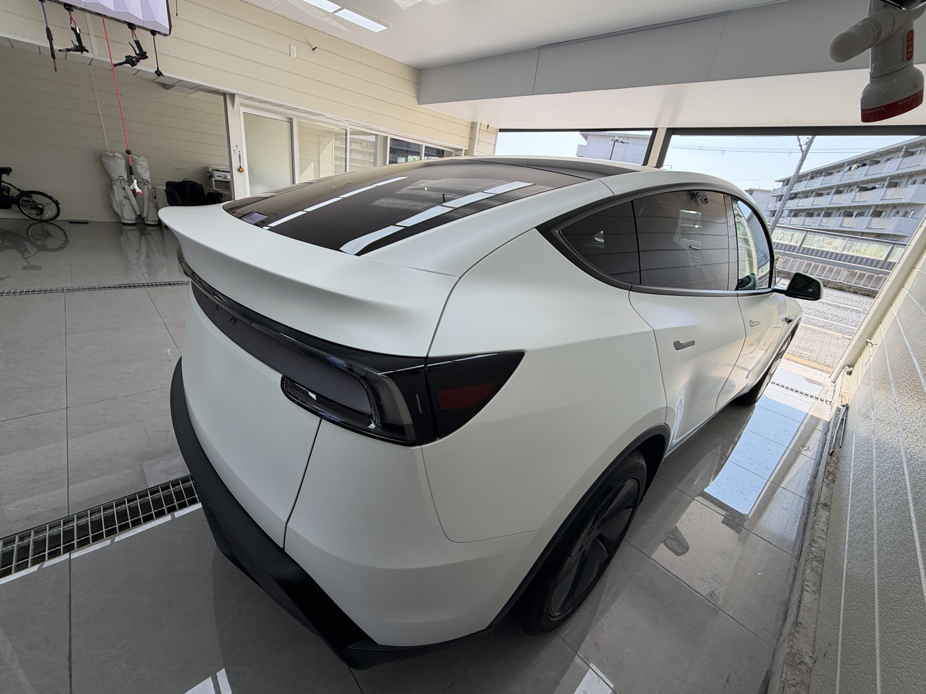 Tesla Model Y after matte clear PPF rear side matte white