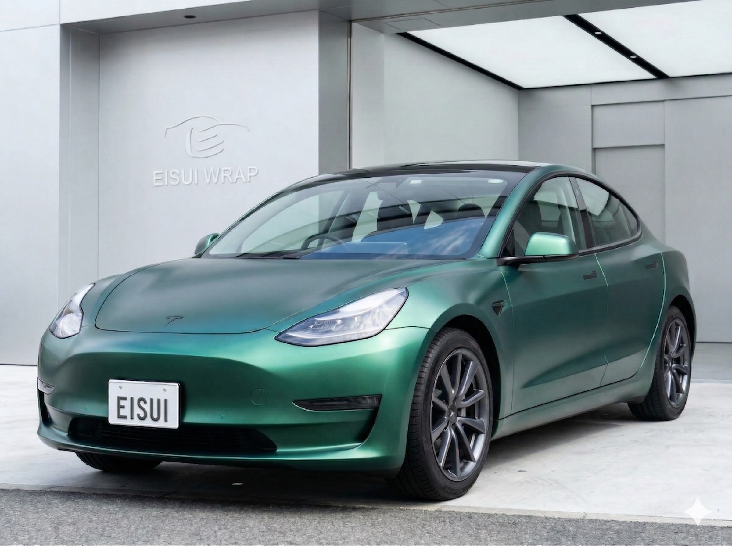 大阪でのテスラ モデル3 フルラッピング施工実績（マットグリーン）