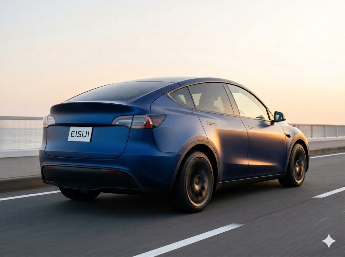 大阪でのテスラ モデルY フルラッピング施工実績（サテンブルー）